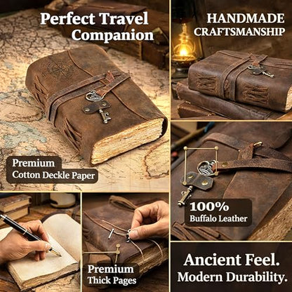 cuero Compass Vintage Leather Journal Antique Handmade Bound Journal with Deckle Edge Paper Diary Leather Sketchbook Drawing Journal Notebook Great Gift Men & Women (Caramel Brown, 11X8 Inch) - size: 11 Inch X 8 Inch