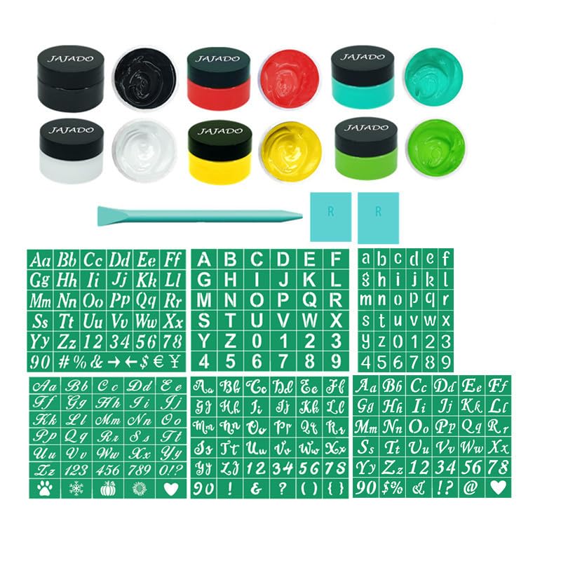 JAJADO Letter Stencils Symbol Numbers Stencils Paint Kit 14pcs, 5 Pcs Reusable Alphabet Templates, 3 Pcs Mini Squeegees, 6 Jars Chalk Paste Paint for Wood, Gift and Card Making, Fabric, Rock, Sign - color: 5+6+3