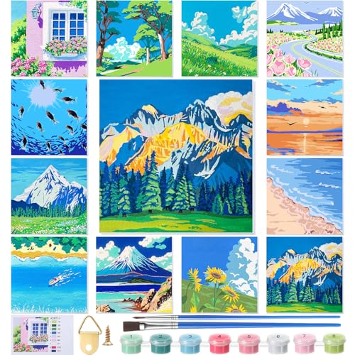 Nezyo 12 Sets Scenery Paint by Numbers Adults with Frame, 8x8 Inch Kit | Easy DIY Acrylic Kits for Beginners, Framed Canvas Ready to Hang, For Painting Party Classroom Birthday Gift - style: Scenery