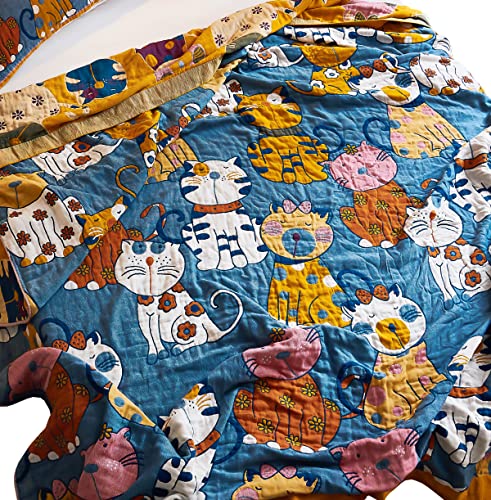 MEJU Kitty Cats Kids Child Muslin Blanket Throw Reversible Cover for Bed Sofa Couch, 100% Combed Cotton 4 Layer Soft Warm Quick Dry Throw Blanket Bed Coverlet Quilt Sheet Blue Twin 60 in x 80 in - color: Cats Blue, size: Twin 60 in x 80 in