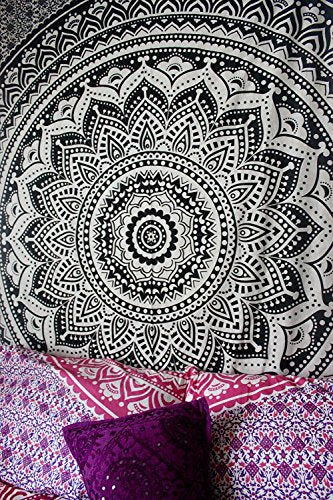 Popular Handicrafts Tapestry Wall Hanging Hippie Ombre Mandala Bohemian Hippy Psychedelic Design Indian Tapestries Bedspread 54 x 82 Inches (140cm x 210cm) Black Grey - color: Black Grey, size: 82"L x 54"W