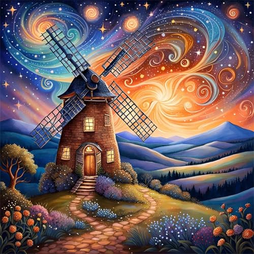 Acudotr Windmill House Diamond Painting Kits for Adults, 5D DIY Diamond Art Kits for Beginners, Full Drill Diamond Painting Kits for Home Wall Decor, 12x12 Inch
