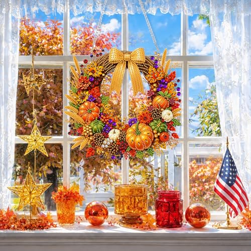 Eiflow Hanging Diamond Art Fall Wreath Kit for Adults DIY Acrylic Diamonds Craft Painting Ornament Pumpkin Kit, Special Crystal Autumn Diamond Art Painting Window Door Hanging Pendant - color: Wreath