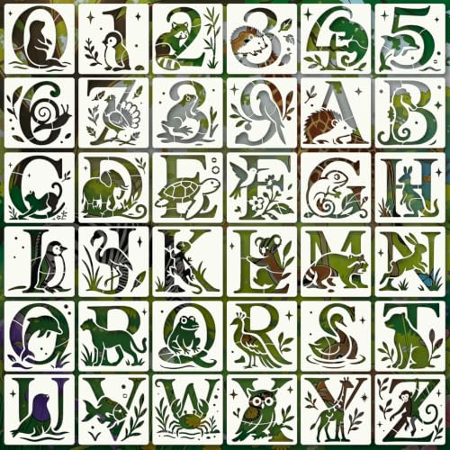 Letter Stencils for Crafts Reusable 36Pcs Number Stencils(5.1X5.1 inch) | DIY Art Painting Stencil Furniture Decor Kit for Wood Embroidery Wall Silk Screen Journaling - color: Animal Letters
