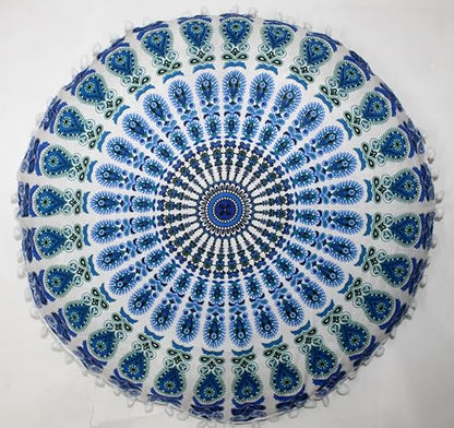 INDIAN CRAFT CASTLE ICC 32 Inch Large Round seat Floor Cushion Cover Chair Ottoman Pouf Pillow Cover Meditation Floor Cushion Covers Seating pouffe Throw Covers Sky Blue - color: Sky Blue