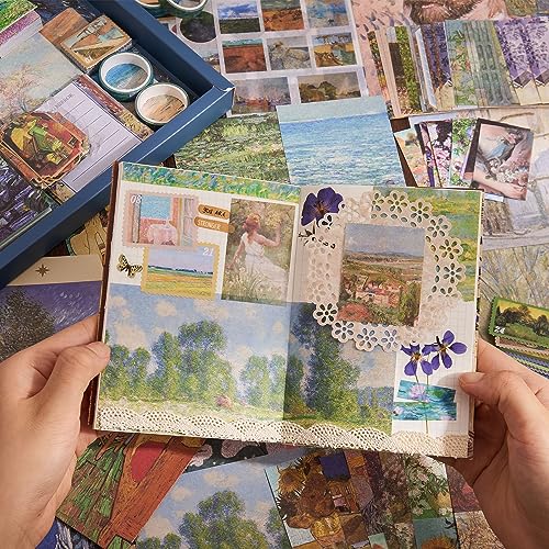 Scrapbooking Supplies Kit Plus 480Pcs, Vintage Van Gogh Oil Painting Aesthetic Scrapbook Kit for Bullet Junk Journal, DIY Journaling Supplies, Stationery, A5 Grid Notebook, Craft Gift Kid Girl - color: Oil painting