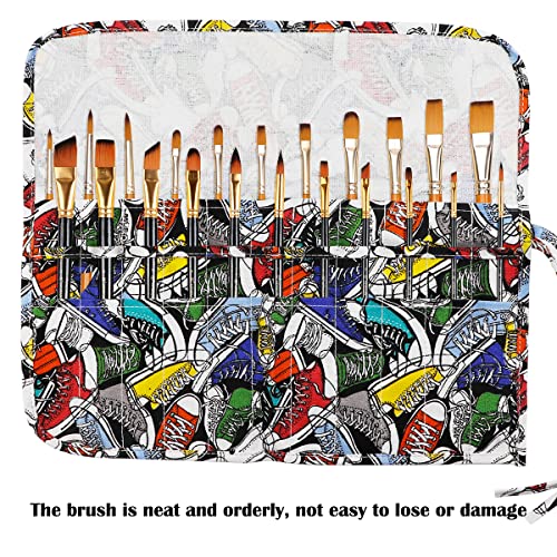 22 Slot Canvas Art Paint Brush Holder Canvas Brush Pouch Watercolor Paintbrushes Roll-Up Case Bag for Watercolor Oil Paint Brush (Trendy Graffiti Style) - color: Style-2