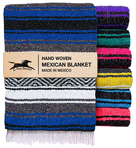 El Paso Designs Mexican Yoga Blanket – Colorful Falsa Serape Throw for Yoga, Beach, Picnic, Saddle, or Home Décor – Soft Woven Boho Blanket (Blue) - color: Blue