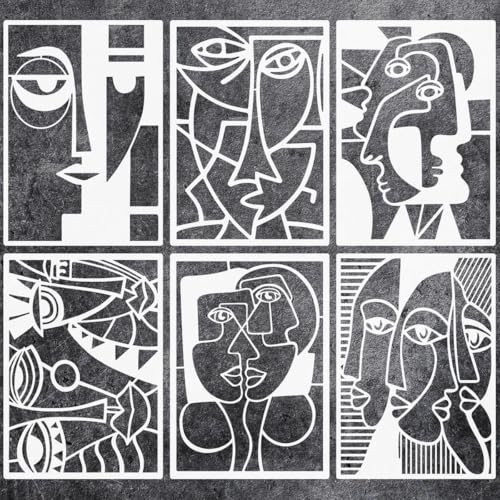 6 Pieces Abstract Face Pattern Stencils, 11.7x8.3 inch A4 Size Reusable Picasso Painting Templates in Creamy White PET for DIY Crafts on Walls, Furniture, Fabric & Photo Frames