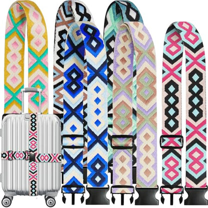 6 Pieces Luggage Straps Patterned Luggage Strap Suitcase Straps Luggage Belt Adjustable Travel Luggage Belt Strap with Quick Release Buckle, 2 inches Wide by 72 inches Long (Geometric Style) - style: Geometric Style