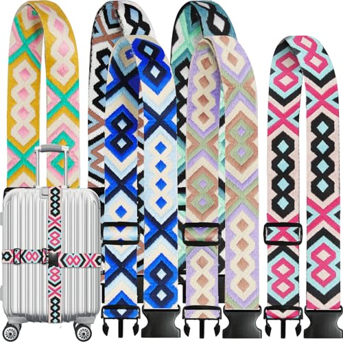6 Pieces Luggage Straps Patterned Luggage Strap Suitcase Straps Luggage Belt Adjustable Travel Luggage Belt Strap with Quick Release Buckle, 2 inches Wide by 72 inches Long (Geometric Style) - style: Geometric Style