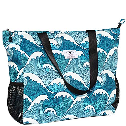 ESVAN LARGE BEACH BAG Water Resistant Lightweight 20 inch Women Oversize Tote Bag for Gym Beach Travel Pool Yoga Nurse - color: Wave