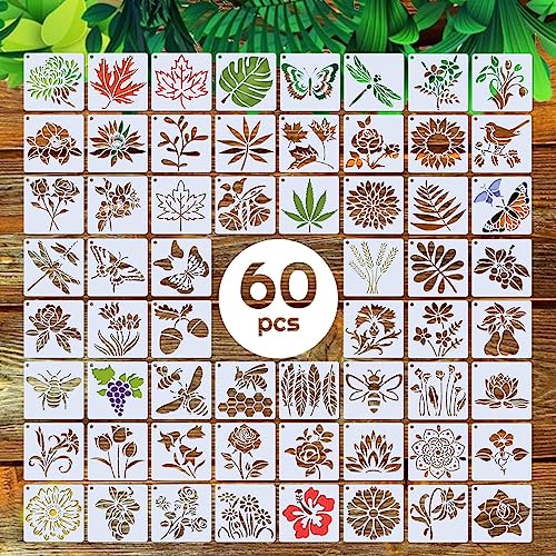 Flower Butterfly Stencils for Painting, 60 Pcs 3 Inch for Cards Rocks | Reusable & Easy to Clean, Botanical Gift Tags, Mini Wood Signs, Kids Art & Family Crafts, Journals & Scrapbooks - color: Nature
