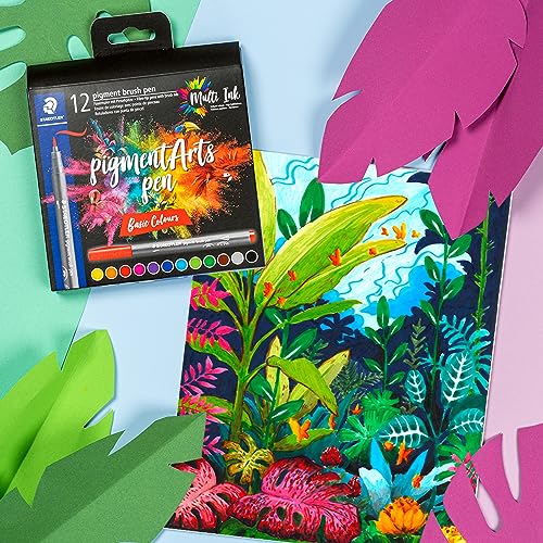 STAEDTLER Pigment Arts Brush Pen, Basic Colours, Pack of 12 Pens, 371 C12-1 - color: 12 Colors