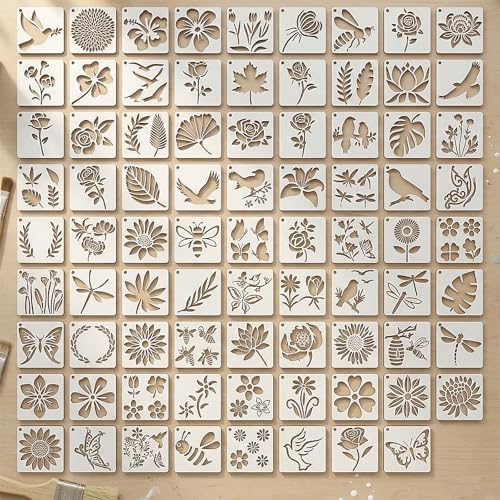 80Pcs Reusable Stencils for Painting Set, 3 Inch Botanical Flower Bird Butterfly Painting Templates for DIY Art Decor Classroom Projects
