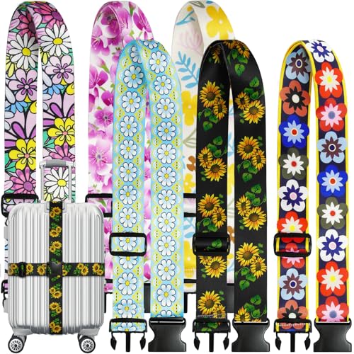 6 Pieces Luggage Straps Patterned Luggage Strap Suitcase Straps Luggage Belt Adjustable Travel Luggage Belt Strap with Quick Release Buckle, 2 inches Wide by 72 inches Long (Flower Style) - style: Flower Style