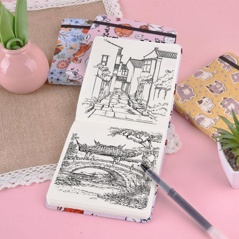 qianshan 4.8" x 4.8" Hardcover Sketchbook,Small Mixed Media Sketch Pad,96 Sheets 80gsm Acid-Free Artist Travel Journal Pocket Blank Notepad for Adults Drawing Painting,Art Supplies.Pink Cute Cat - color: 80gsm Cloth-pink cute cat