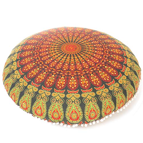 Mandala Floor Pillow Cover Meditation Cushion Seating Throw Hippie Round Colorful Decorative Bohemian Indian Pouf Ottoman Handmade Cover ONLY (A1 Green, 32" x 32") - color: A1 Green, size: 32" x 32" (Pack of 1)