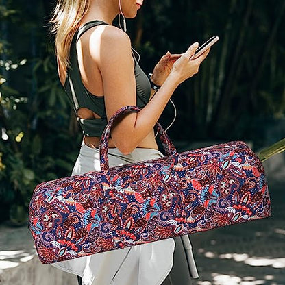 Boulder Bee | Yoga Mat Bag | Large Yoga Mat Carrier with Wet Pocket | Yoga Gifts | Gym Tote Bag for Women - color: Navy cashew flower