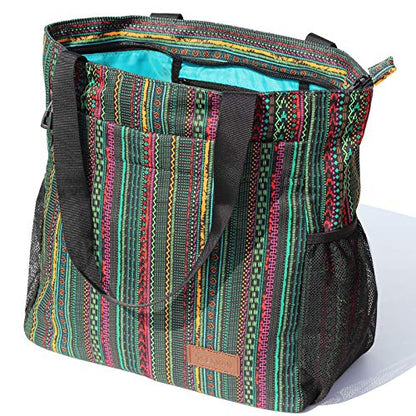 ESVAN Original Floral Tote Bag Large Shoulder Bag with Multi Pockets for Gym Travel Beach Daily Bags - color: Green