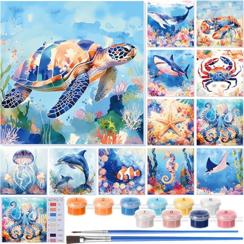 Nezyo 12 Sets Paint by Numbers with Frame, Ocean Animals Canvas 8x8 Inch | DIY Acrylic Number Painting for Beginners, Sea Life Designs, Includes Brushes Paints, Party Classroom Birthday Gift - style: Sea Creatures