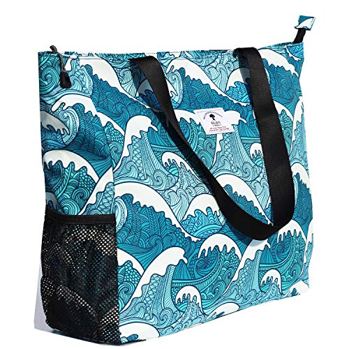 ESVAN LARGE BEACH BAG Water Resistant Lightweight 20 inch Women Oversize Tote Bag for Gym Beach Travel Pool Yoga Nurse - color: Wave