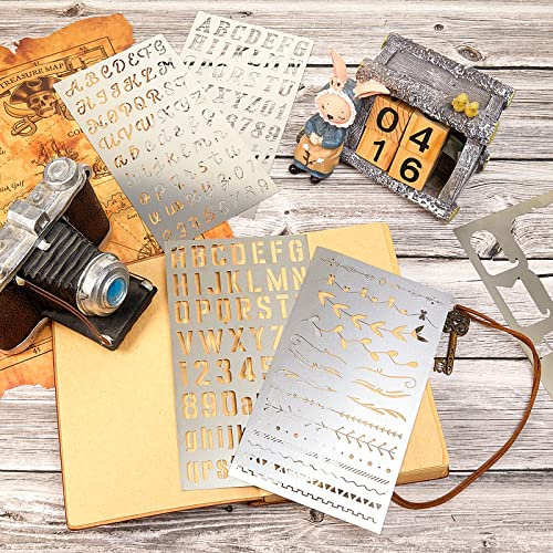 Lewtemi 8 Pcs Metal Journal Stencils, Stainless Metal Stencils Wood Tool Journal Style Scrapbooking DIY Wood Carving Engraving, Painting Planning Small Reusable Painting Template(Classic Style) - style: Classic Style,Retro,Vintage