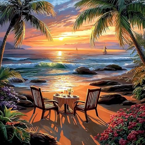 MXJSUA Sunset Beach Diamond Art Painting Kits for Adults, Full Drill 5D Round Dots Diamonds Paint Picture for Beginners, Gem Art Painting Craft Kits for Home Decor Gift 12x12 inch - color: Sunset Beach
