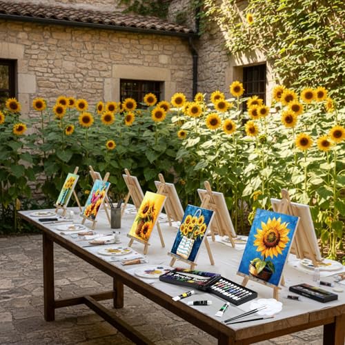 Ctosree 72 Pcs Sunflower Paint and Sip Kit for Adults 8'' x 10'' Pre Drawn Canvas for Painting DIY Pre Printed Canvas for Party Favor Acrylic Painting Kit Wood Easel Brushes Date Night Bulk - style: Sunflower