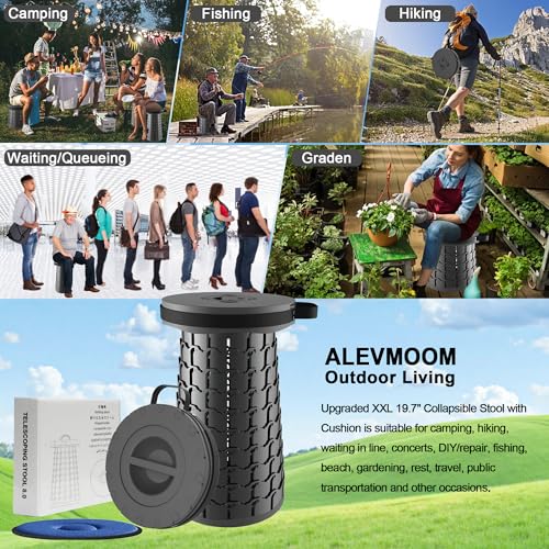 ALEVMOOM Upgraded XXL 19.7" Collapsible Stool with Cushion, Heavy Duty Portable Folding Stool Max Load 1000 lbs, Retractable Telescoping Foldable Seat Chair for Camping Fishing Travel - color: Black