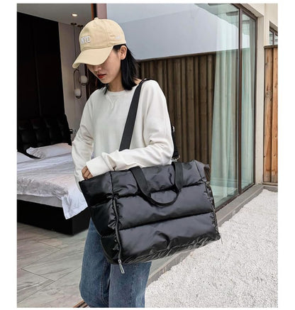 Large Puffer Tote Bag for Women, Quilted Gym Bag with Yoga Mat Holder, Travel Duffle, Waterproof Carry on Weekender Bag (black) - color: black