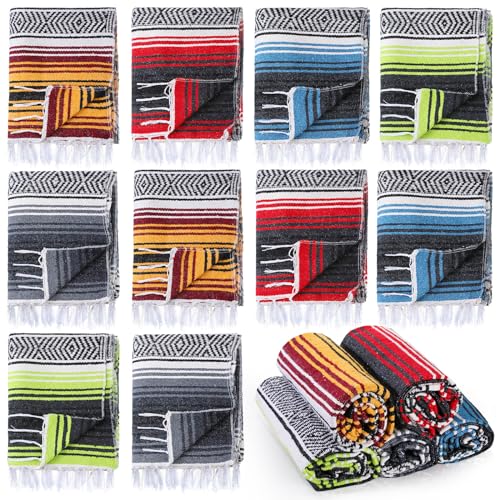 Preboun 10 Pieces Mexican Blanket Bulk Authentic Woven Yoga Blanket Large Picnic Camping Rug Colorful Striped Serape for Beach Outdoor Grass Car Home(Mixed Color)
