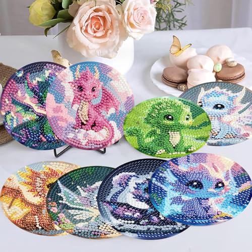 Mrnsiet 8PCS Diamond Art Coasters with Holder, DIY Dragon Diamond Painting Coasters Kits for Adults, Non Slip Cute Dragon Mosaic Dot Painting Coaster Gift Set for Beginners 4x4 Inch - color: BDWY353-US