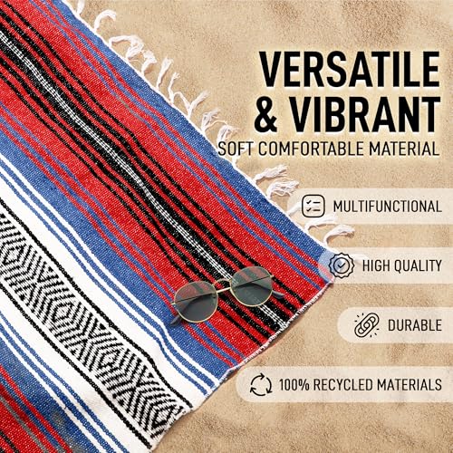 Hydration Nation Authentic Large Handwoven Mexican Striped Throw Blanket - Soft, Durable, Eco-Friendly - 70"x50" - Mariner - color: Mariner