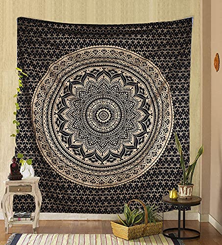 Rajsee Black Gold Mandala Tapestry for Bedroom - Aesthetic Indie Boho Trippy Wall Hanging 82x92 Inches - color: Black Gold, size: 92"L x 82"W