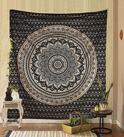 Rajsee Black Gold Mandala Tapestry for Bedroom - Aesthetic Indie Boho Trippy Wall Hanging 82x92 Inches - color: Black Gold, size: 92"L x 82"W