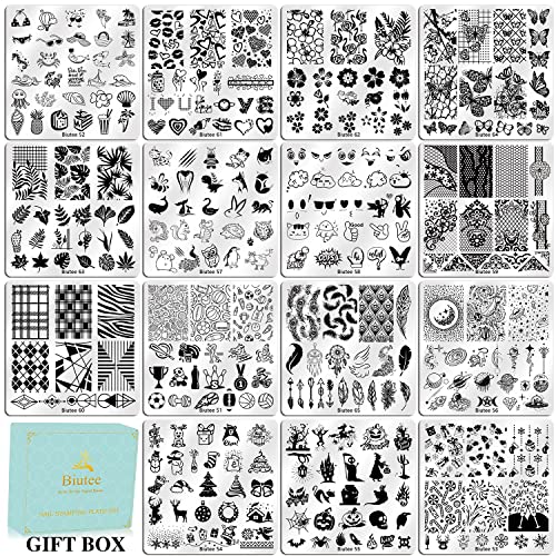 Biutee Nail Stamping Plates Set 15PCS Nail Stamping Kit with Nail Art Stamper & Scraper Nail Stamp Template Kit Lace Flower Butterfly Animal Pattern Nail Art Stencils for Manicure Salon Home DIY - color: 15 Piece Set
