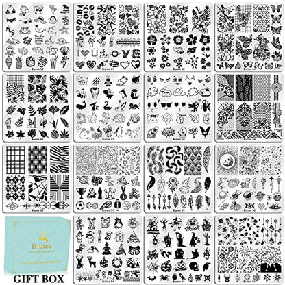 Biutee Nail Stamping Plates Set 15PCS Nail Stamping Kit with Nail Art Stamper & Scraper Nail Stamp Template Kit Lace Flower Butterfly Animal Pattern Nail Art Stencils for Manicure Salon Home DIY - color: 15 Piece Set