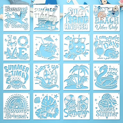 Konsait 16 Pack Summer Stencils, 6" Reusable Hello Summer Palm Tree Sun Tropical Animals Beach Stencils for Painting, DIY Crafts, Wall, Wood, Shirts, Canvas and More