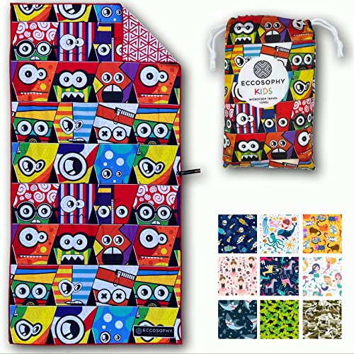 ECCOSOPHY Microfiber Kids Toddler Beach Towel, Quick Dry, Sand Free, 60x30 - color: Monsters