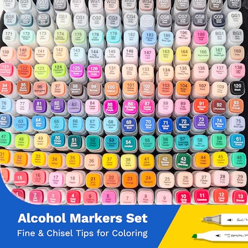 Alcohol Markers 168 Colors, Dual Tip Art Markers Set with Fine & Chisel Tips for Adult Coloring, Drawing & Sketching