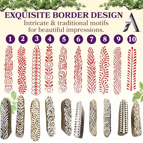 AnNafi® Mehendi Print Blocks| Border Pattern Wooden Stamps (Set of 10)| Fabric Wooden Stamps Border Pattern Printing Blocks| Designer Craft for Mehandi Textile Pottery Saree Border Canvas Painting |