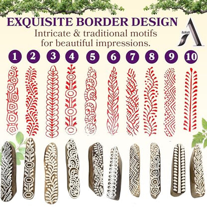 AnNafi® Mehendi Print Blocks| Border Pattern Wooden Stamps (Set of 10)| Fabric Wooden Stamps Border Pattern Printing Blocks| Designer Craft for Mehandi Textile Pottery Saree Border Canvas Painting |