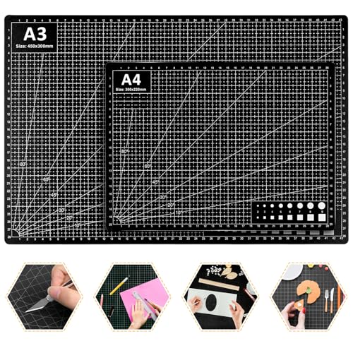 2 Pcs Large Cutting Mat Self Healing,Double Sided,Grid Line And Angles Help To Cut Precisely,Craft Mats for Scrapbooking, Quilting, Sewing and All Arts,Non Slip & Easy Clean ((A3 & A4 Black) - color: Black