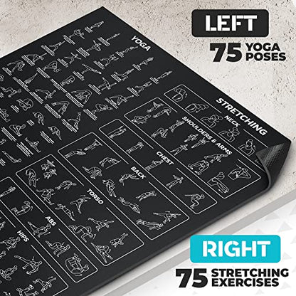 Extra-Large Instructional Yoga Mat with Poses Printed On It - 3X Bigger & 2X Wider than Regular Workout Mats - 150 Illustrated Yoga Poses and Stretches - Wide, Non-Slip, Barefoot Exercise Mat - color: 6' x 4' Black