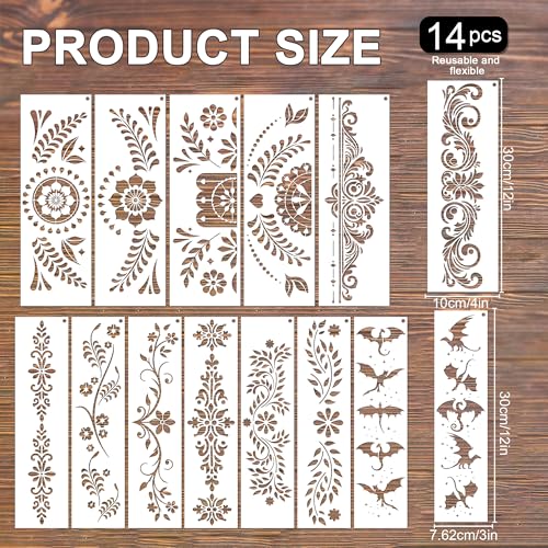 Keluna Border Stencils for Painting - 14 Pcs Reusable Mexican Talavera Flower Crafts Templates Floral Leaf Dragon Stencils for Painting on Wood Wall DIY Art Craft Canvas Fabric Home Décor - style: talavera