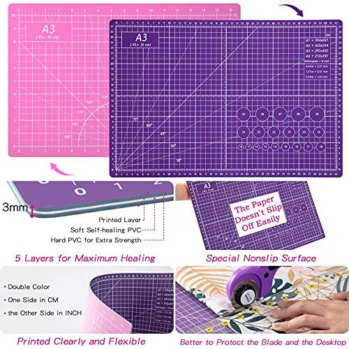 Rotary Cutter Set,Sewing Quilting Supplies,45mm Fabric Cutters,A3 Cutting Mat for Sewing,Acrylic Rulers,Scissors,Exacto Knife,Clips,Beginners Sewing Accessories,Fabric Cutter Kit