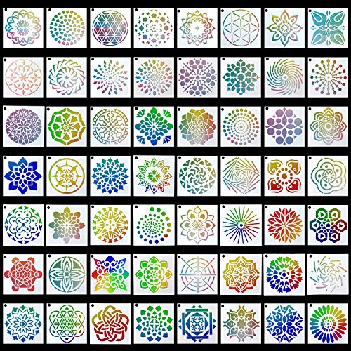 Augshy 56 Pack Mandala Stencils for Dot Painting on Wood Furniture | Mandala Painting Stencils, Wood Furniture Decoration, DIY Rock Art Projects, 3.6x3.6 Inch - style: Mandala