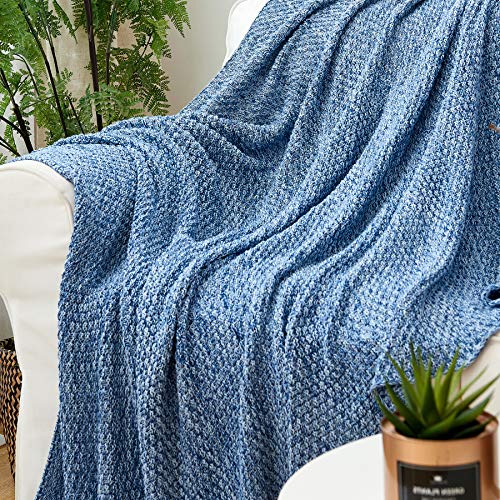 Longhui bedding 소파용 블루 니트 담요, 부드럽고 아늑한 세탁기 세탁 가능한 100% 면 소파 니트 담요, 무거운 1.3kg(2.8파운드), 127 x 160cm(50 x 63인치), 블루 및 화이트 색상, 세탁 가방 포함 - color: 블루 화이트., size: 51" x 63", Standard
