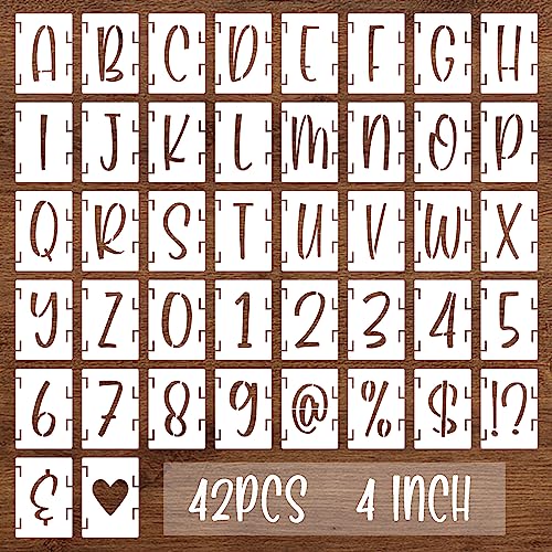 BAMIDELE 4 Inch Alphabet Letter Stencils, 42 Pcs Reusable Plastic Letters Numbers Symbol Interlocking Drawing Template Kit for Painting on Wood, Fabric, Rock, Chalkboard, Door Porch, Wall, Signage - size: 4 Inch